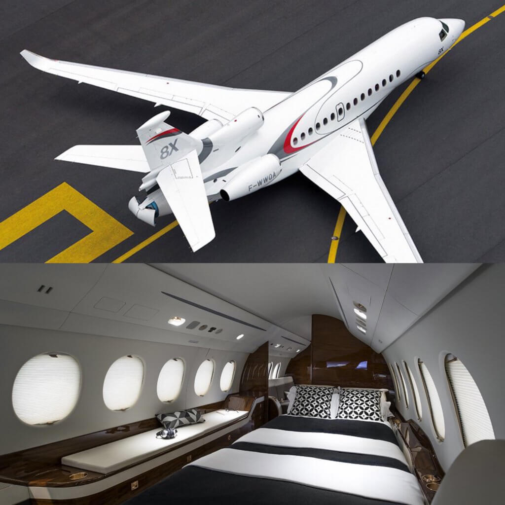 Dasssault Falcon 8X taxing and interior with bed