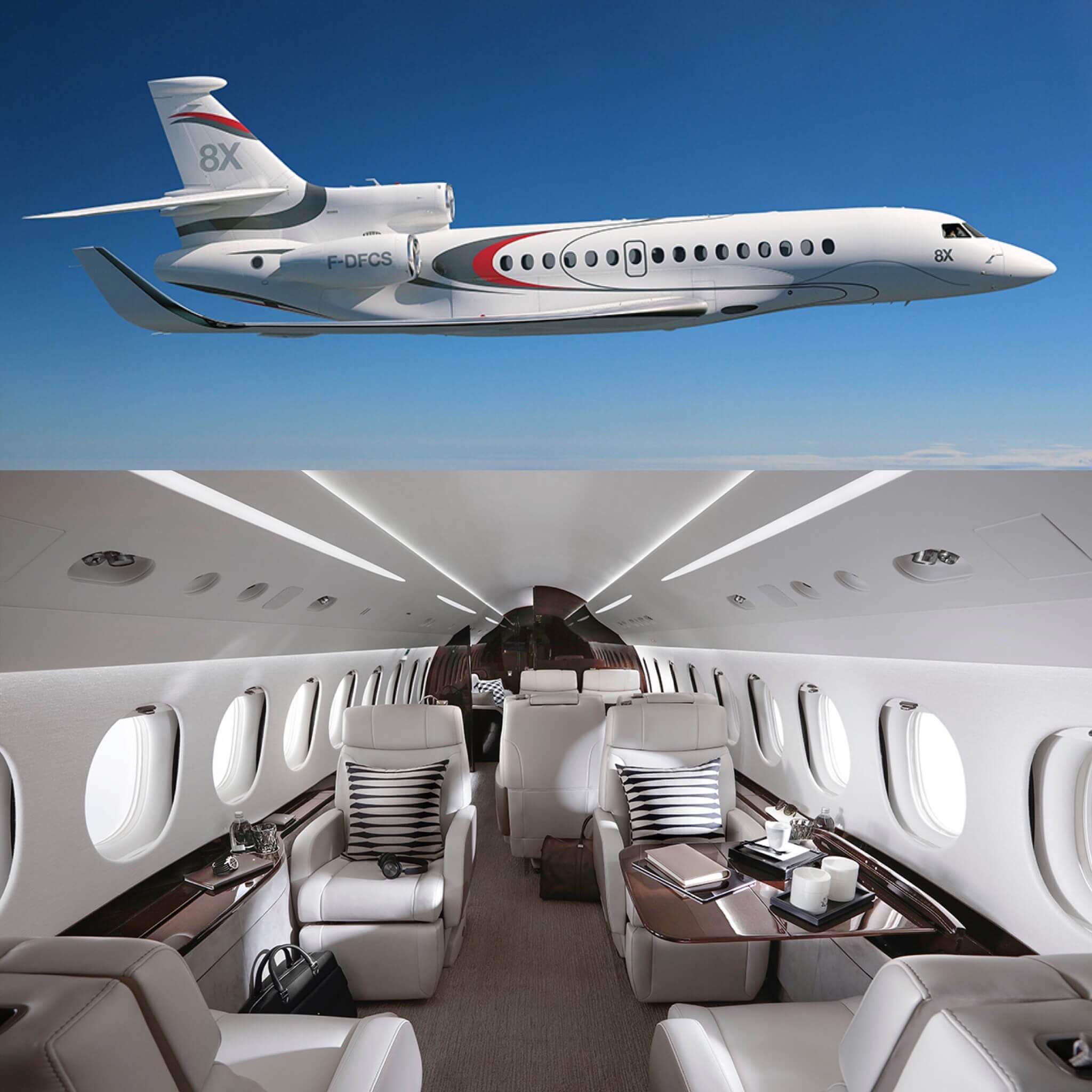 Dassault falcon 8x in flight with picture of interior