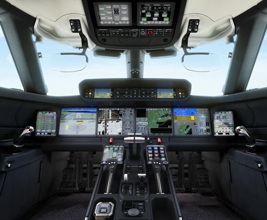 Gulfstream G700/G800 new flight deck featuring 10 touch screen displays and side sticks  